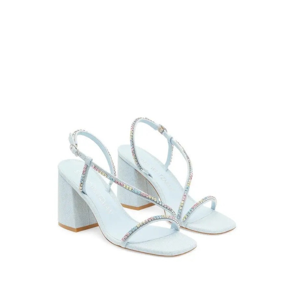 Stuart Weitzman Soiree Crystal 85 Block Sandal Shoes Size 7 Blue Denim